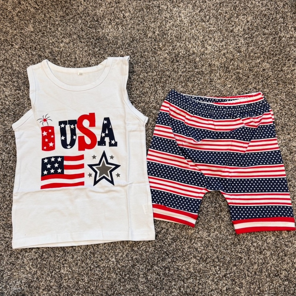 USA Flag Tank and Striped Shorts Set - Red, White & Blue